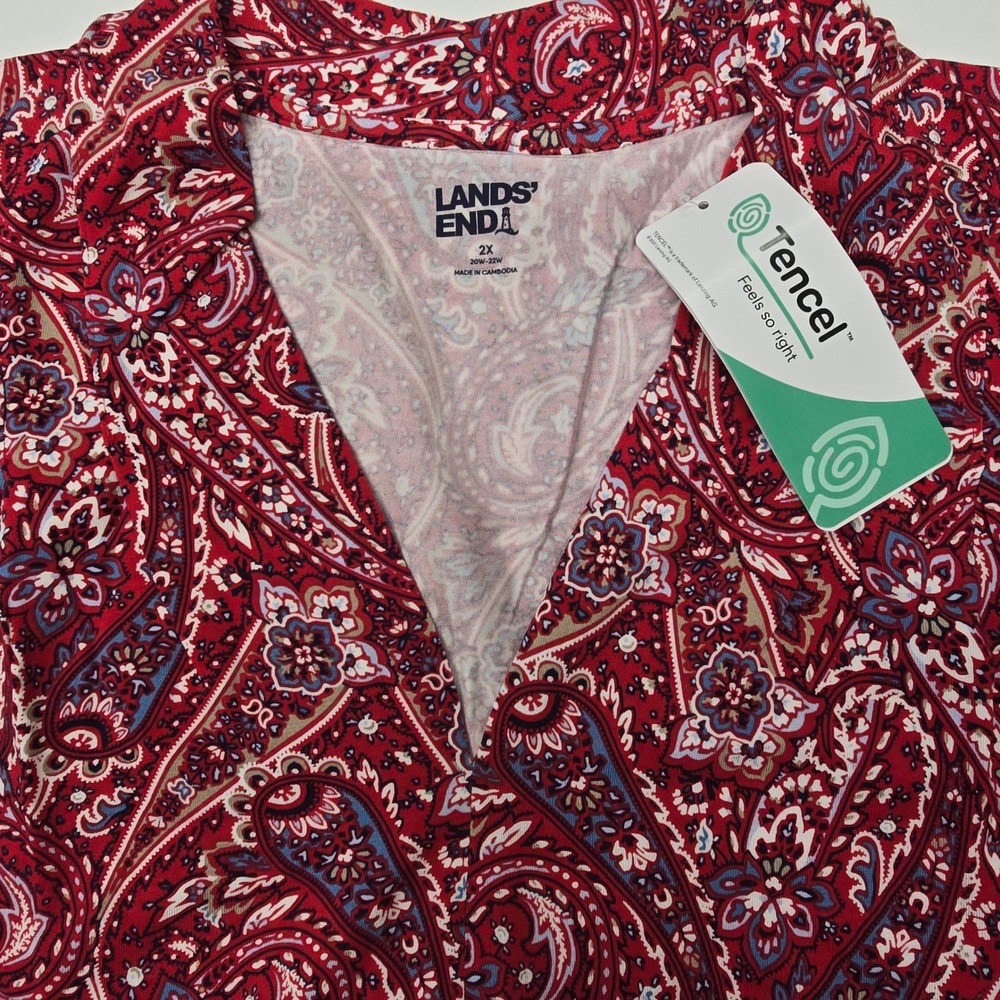 Lands End Womens‎ Red Paisley Tencel Modal Blend V-Neck Top 2X 20W-22W New - Picture 2 of 7